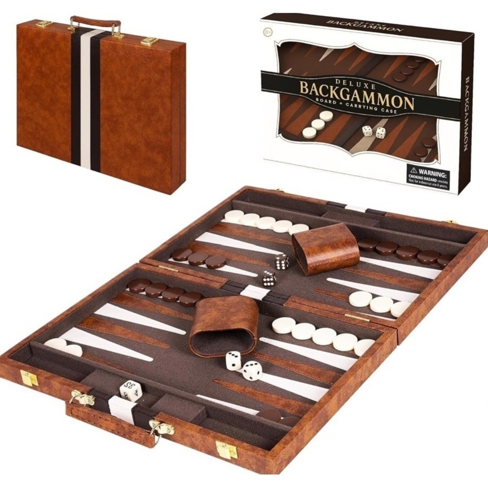 Crazy Games Deluxe Backgammon 15 Inch Board‎ Game Set Brown Leatherette Case NIB